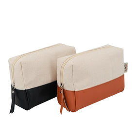 Unisex Nordic Style Leather Canvas Cotton Makeup Bag Zipper Pouch Square Natural Material Custom Canvas Makeup Cosmetic Bag