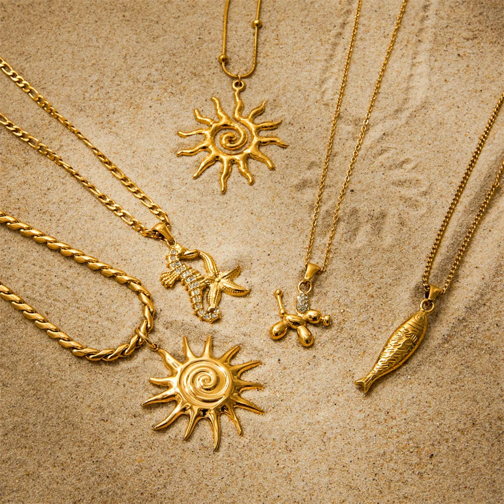 Stainless Steel Sun Fish Seahorse Pendant Holiday Accessories 18K Gold Ocean Seal Spiral Sun Pendant Necklace Waterproof Swim