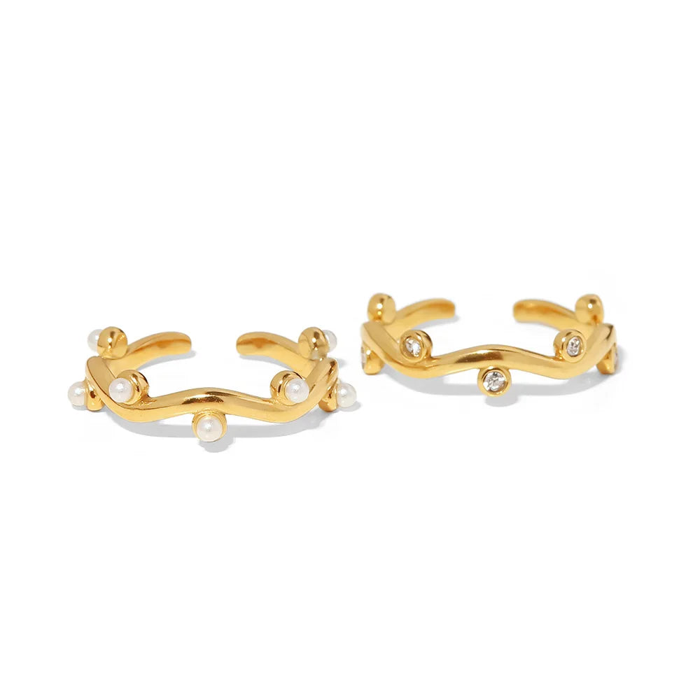 18K Gold Plated Stainless Steel Dainty Water Wave Irregular Cubic Zirconia Pearl Adjustable Rings