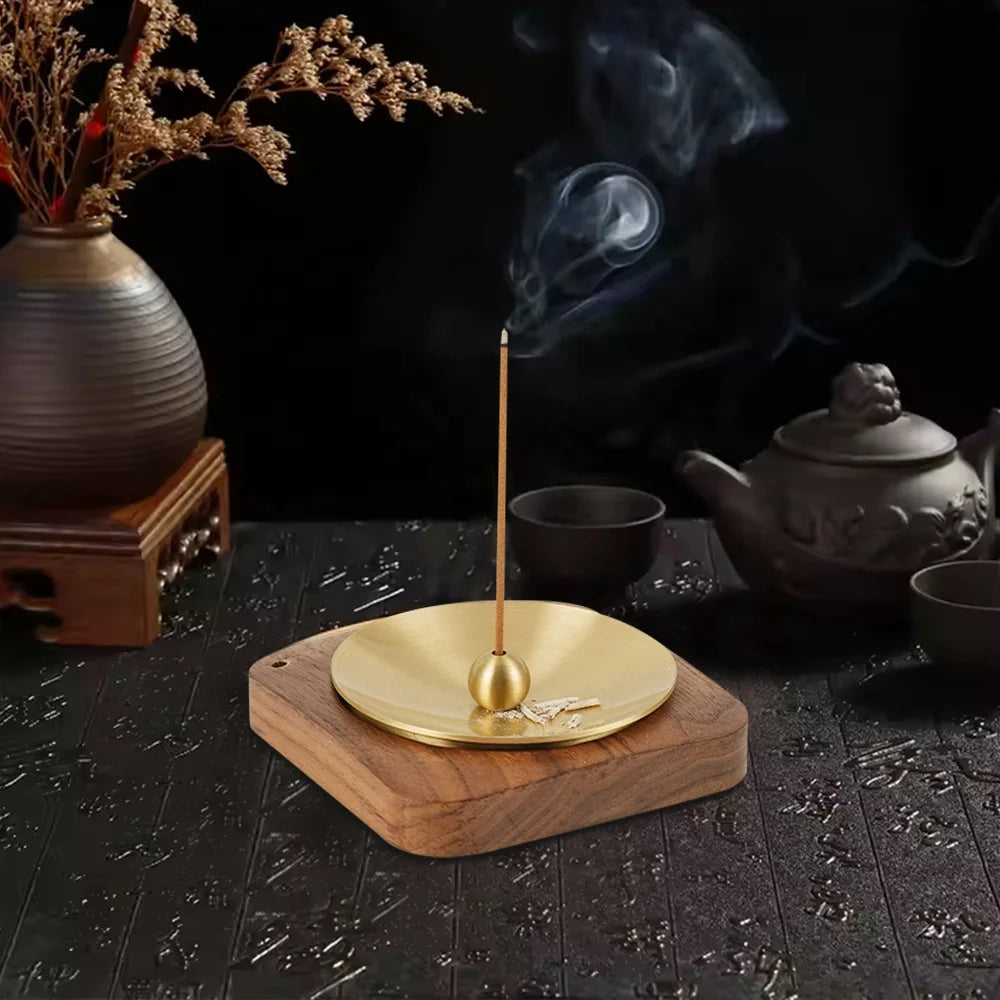CHENLANG Square Walnut Brass Incense Burner Tray Durable Modern Minimalism Aromatherapy Fragrance Stand Stick Coil Incense Home