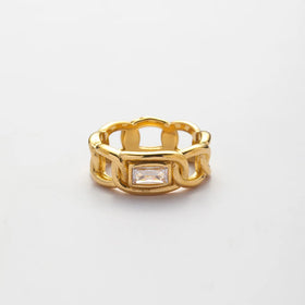 Newest 18K Gold Plated Link Chain Rectangle Zircon Ring Waterproof Non Tarnish Stainless Steel Trendy Chunky Rings YF4193