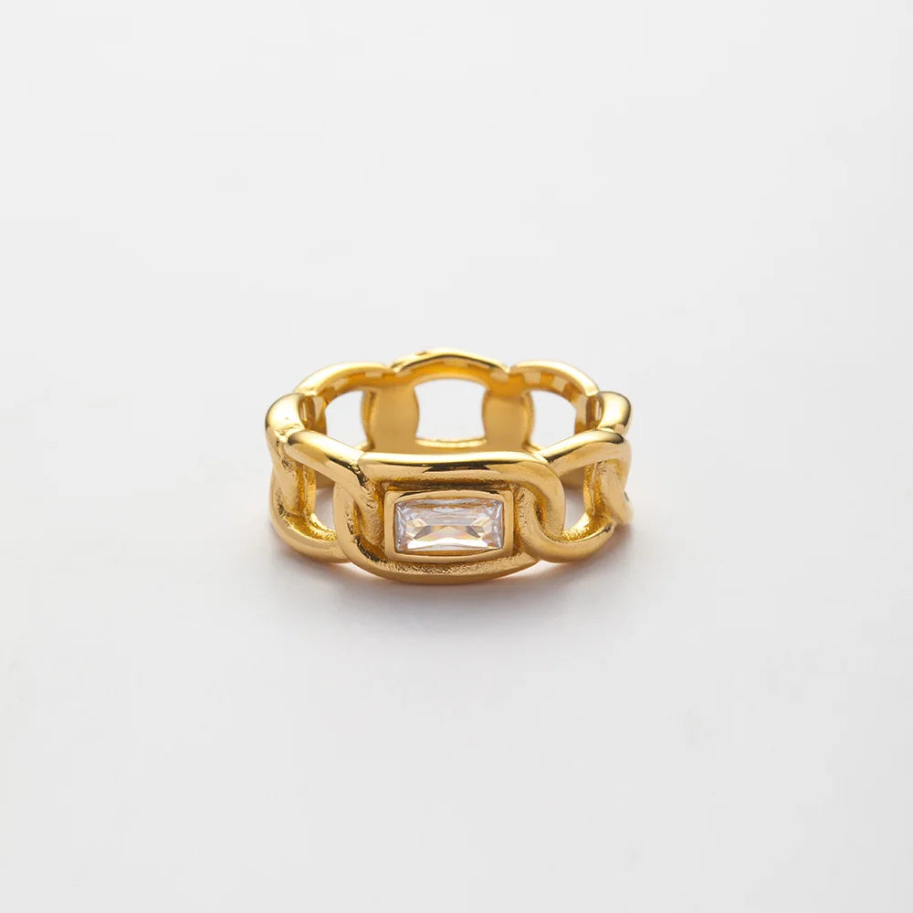 Newest 18K Gold Plated Link Chain Rectangle Zircon Ring Waterproof Non Tarnish Stainless Steel Trendy Chunky Rings YF4193