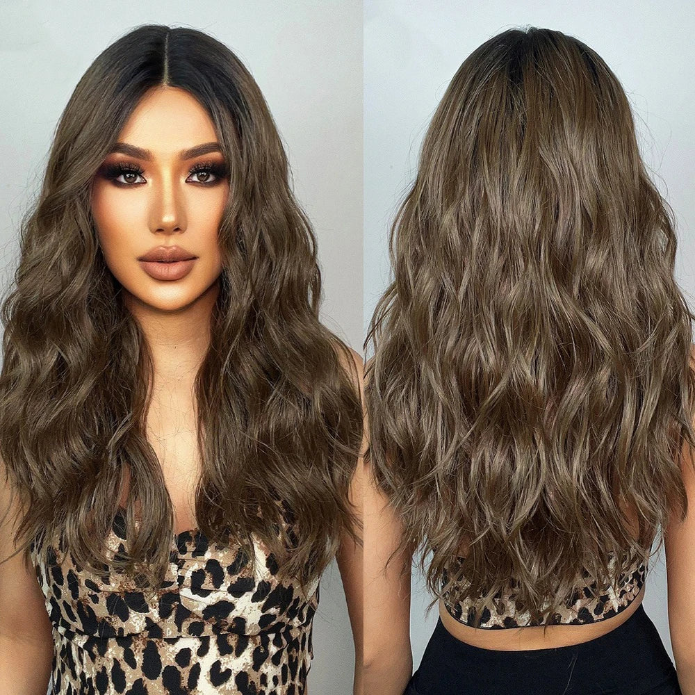 Japan fiber Long Wavy Brown Lace Front Wigs for Women Middle Part Africa American Lace Synthetic Wigs with Dark Roots Hair