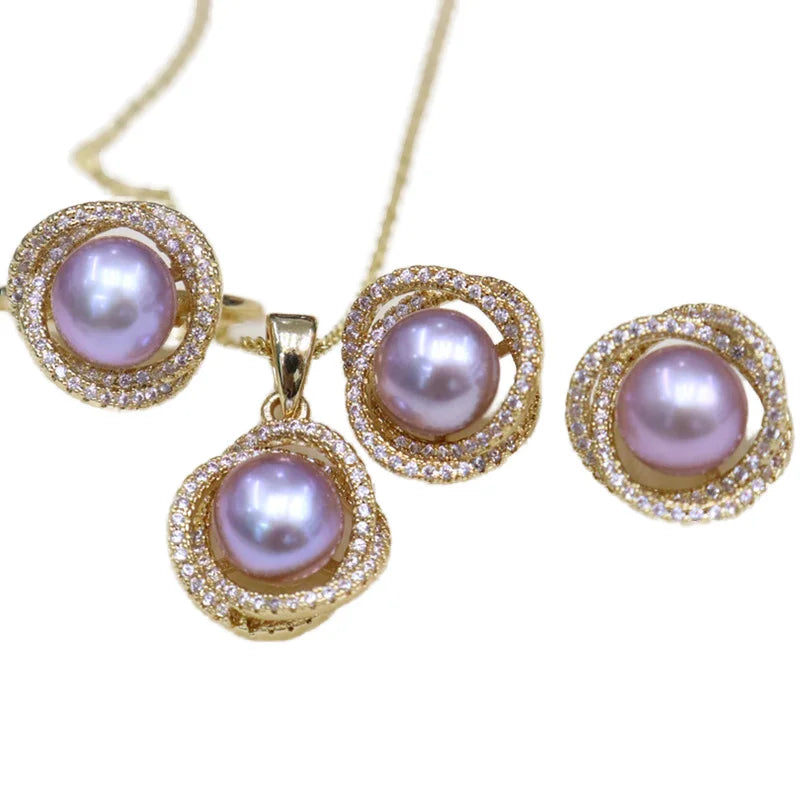 18k Gold-plated Zircon Micro-inlaid Flower Set 8-9MM Freshwater Pearl Necklace Ring Earrings 4pcs Set