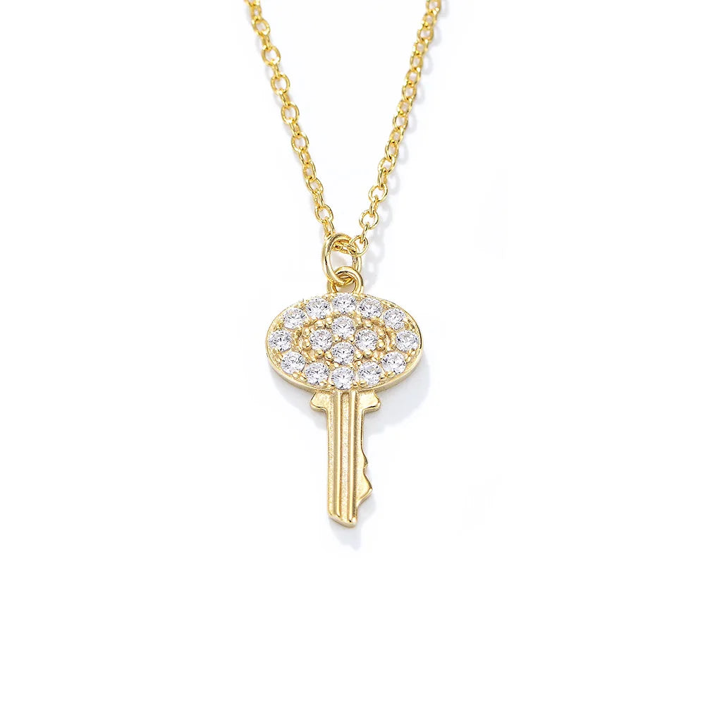 Trendy Luxury 925 Silver 14K 18K Gold Plating Cubic Zirconia Key Pendant Necklace Fine Jewelry