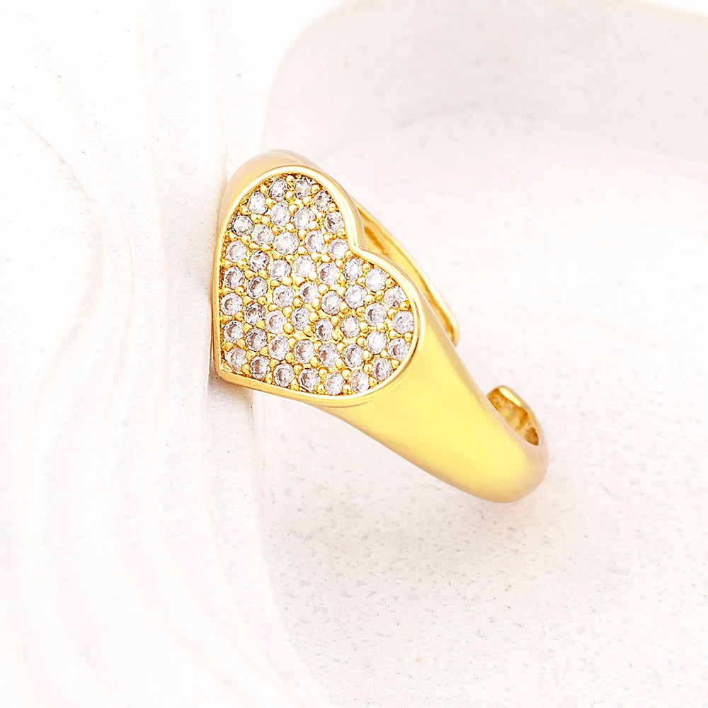QIKU Heart Shape Micro Pave Rhinestone Adjustable Open Ring Copper Zircon Women Jewelry Accessories Gift Wholesale Dropshipping