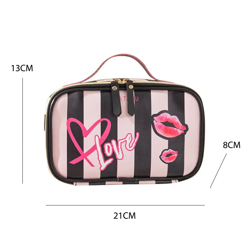 New Stripe Love Heart Printed Storage Tote Makeup Bag PU Portable Large Capacity Women Cosmetic Bag