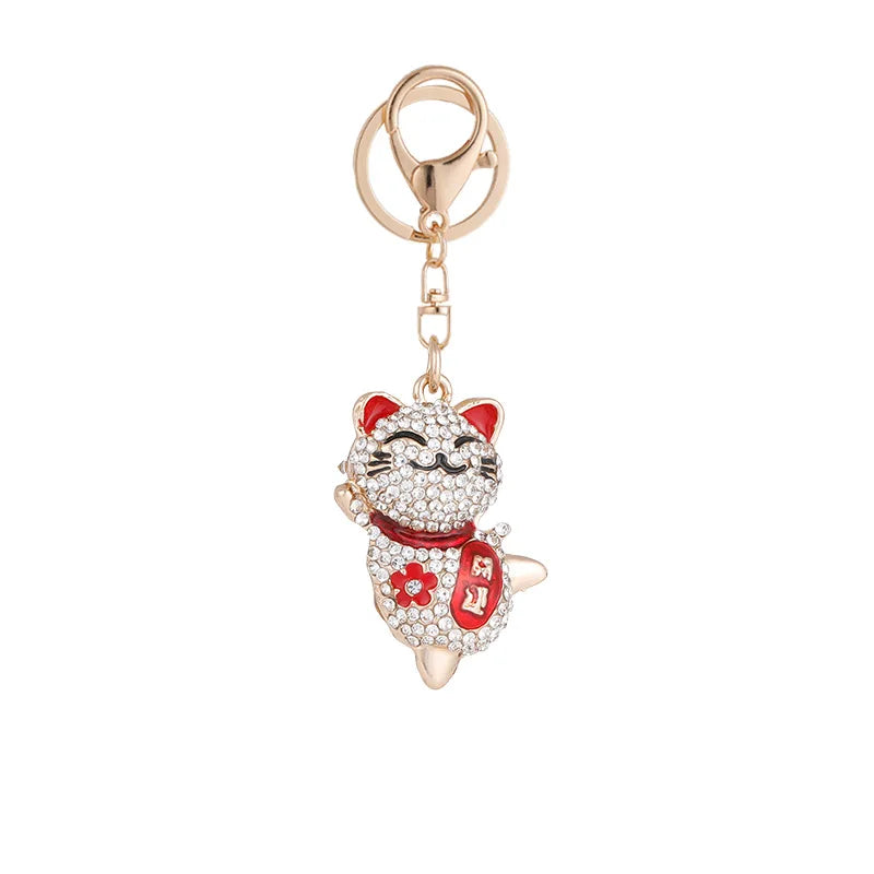Chinese Style Red Oil Dripping Cat Shaped Car Key Chain Rhinestone Crystal Lucky Cat Keychain for Women