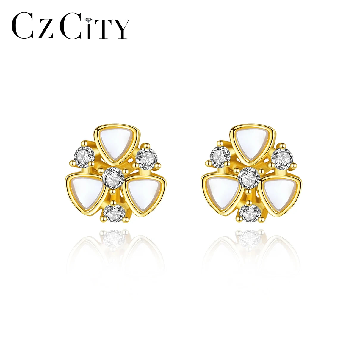 CZCITY 925 Silver Jewelry Gold Plated Sterling Shell Earrings  Mother of Pearl Jewelry for Women CZ Stud Earrings