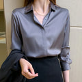 8285# Vintage Solid Blue White Blouse for Women Elegant Satin Long Sleeve Loose Button Printed Casual Tops Women's