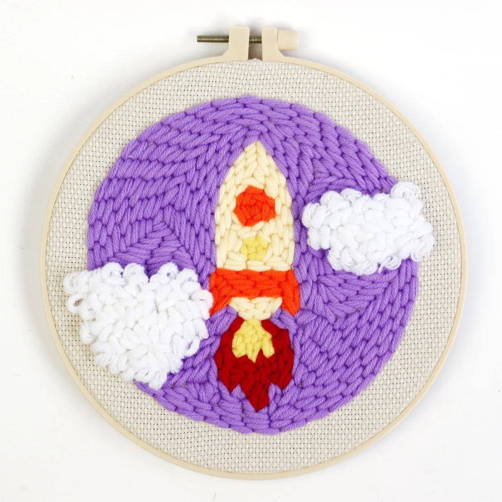 Punch Needle Kits Full Set for Beginners Rocket Cross Stitch DIY Embroidery Crafts Fabric Hoop Stamped Monk Cloth for Needlework