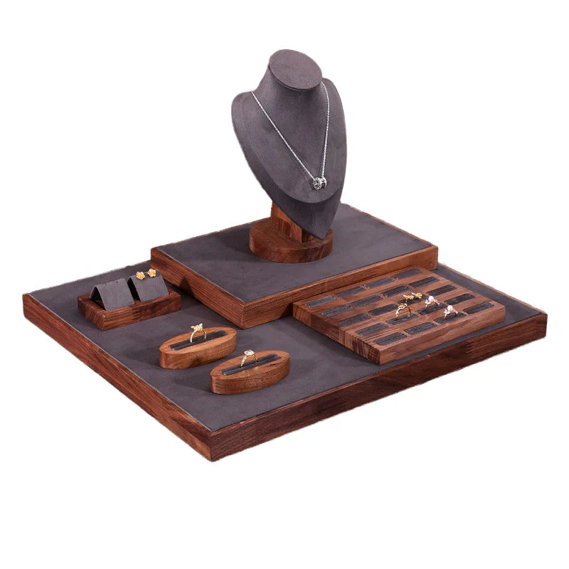 Walnut Jewelry Display Rack Counter Ornaments & Ring Earrings Tray Storage Durable Container for Ring Earrings Ornaments