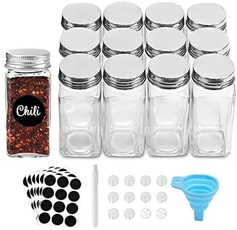 Popular 12 oz Square Spice Jars 4 oz Empty Glass Containers Airtight Metal Caps Shaker Lids Includes Spice Storage Bottles Jars