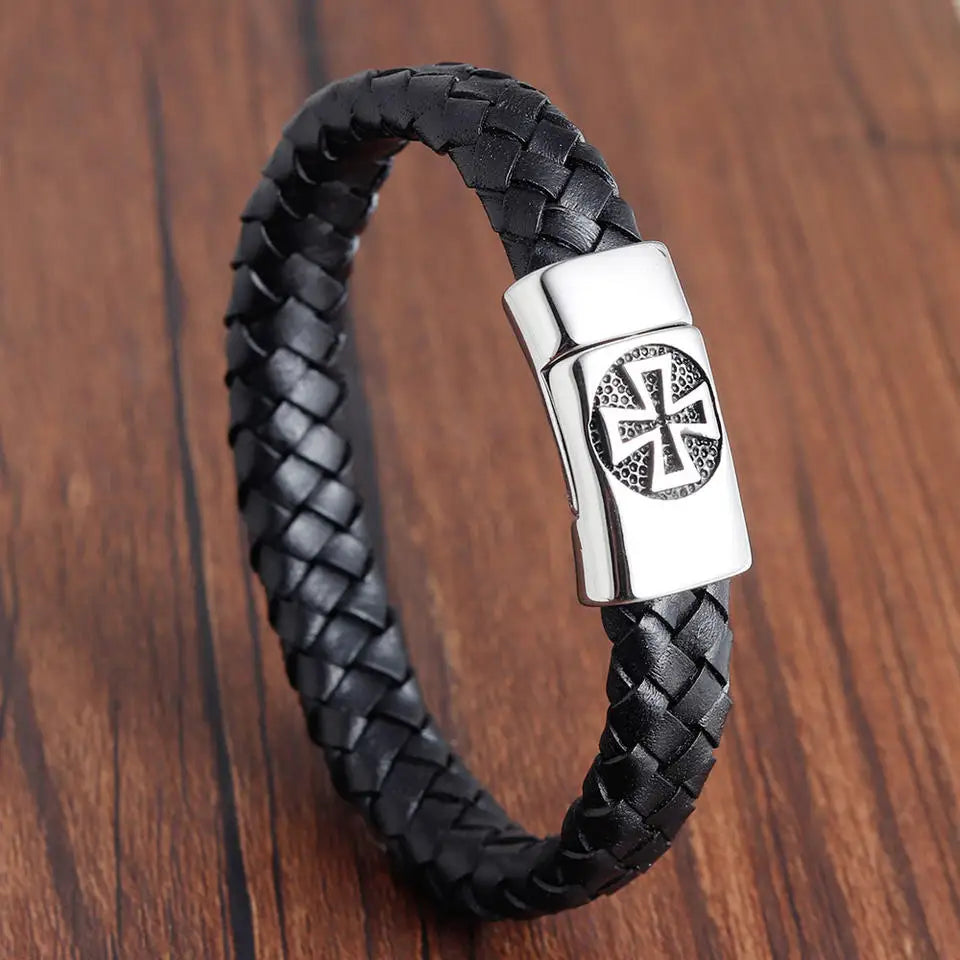Promo Men's Bracelet Handmade Black Genuine Leather Cross Engraved Leather Bracelets Men Jewelry Factory Wholesale  OT-014