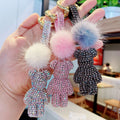 2021 Rhinestone Teddy Bear Key Chain Mini Bear Wristlet Key Ring Fashion Bling Bling Small Diamond Wrap Keychain with Pom Pom