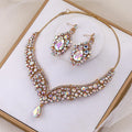 Bridal Crown Vintage Alloy Rhinestone Multicolor Link Chain Choker Necklace & Earrings Set Wedding Gift Jewelry