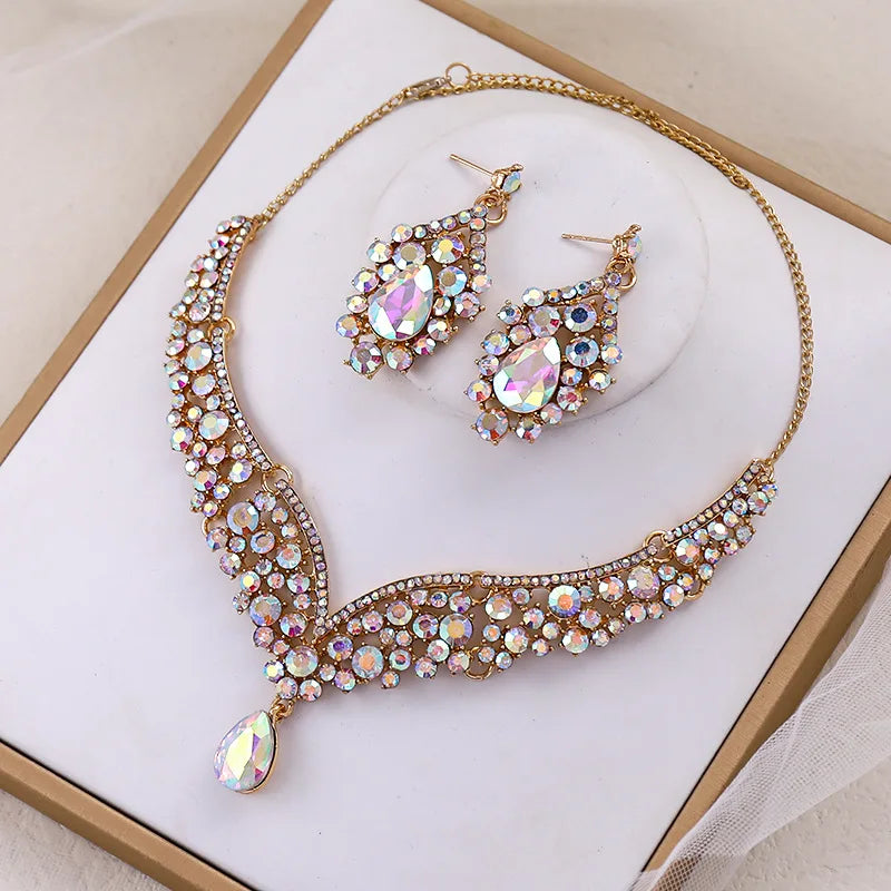 Bridal Crown Vintage Alloy Rhinestone Multicolor Link Chain Choker Necklace & Earrings Set Wedding Gift Jewelry