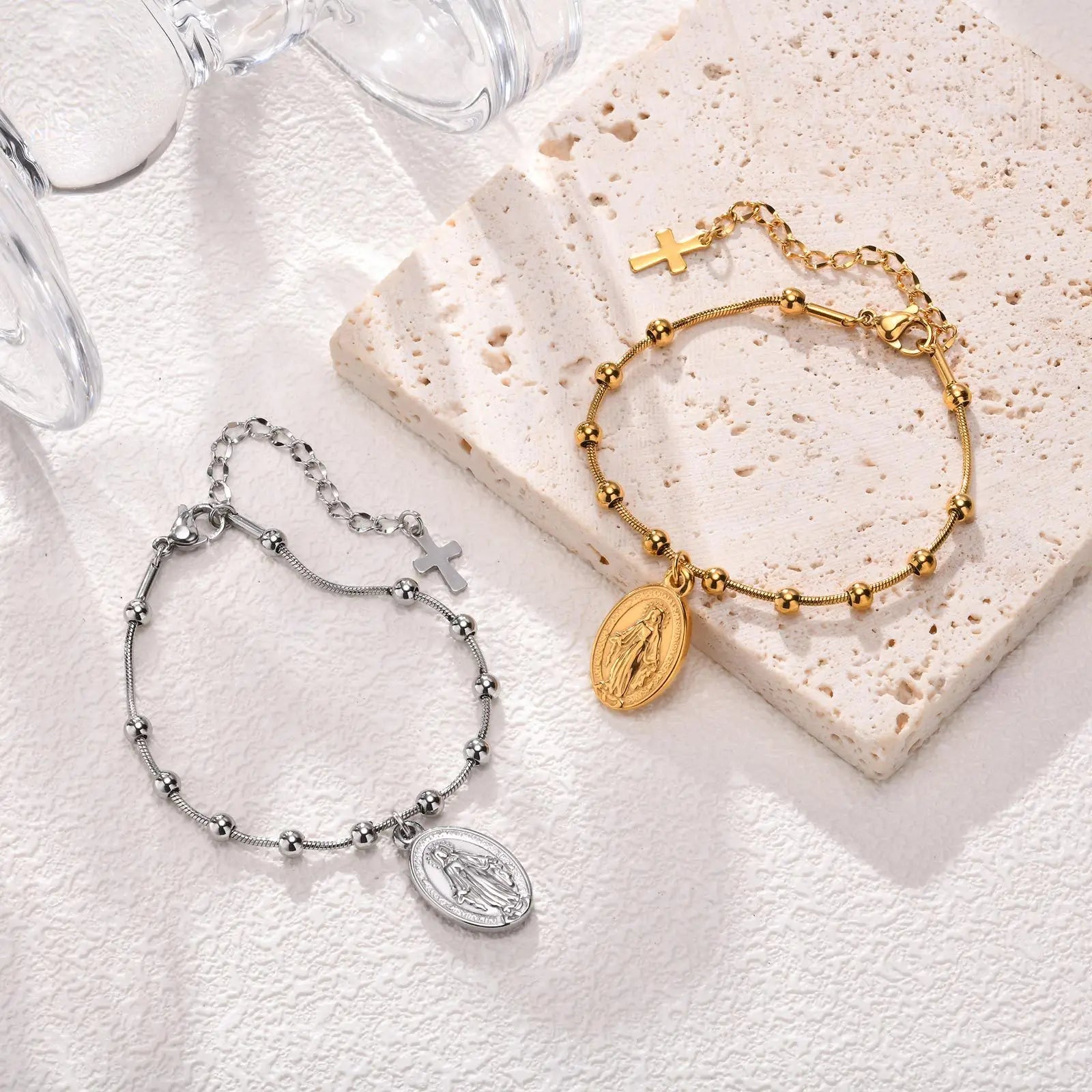 Merryshine Stainless Steel Religious Oval Beaded Chain Gold Plated Virgin Mary Bracelet Wholesale Christian Diamond Beaded