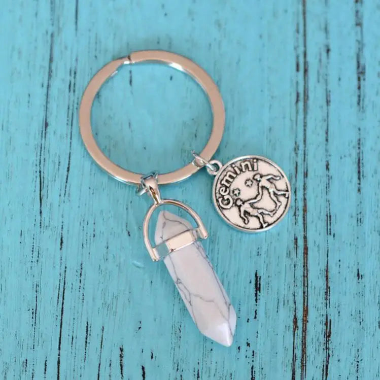 promotional Wholesale Constellation Key Chain Natural Crystal Quartz Gemstone Astrology Zodiac Sign good luck Keychain Charms