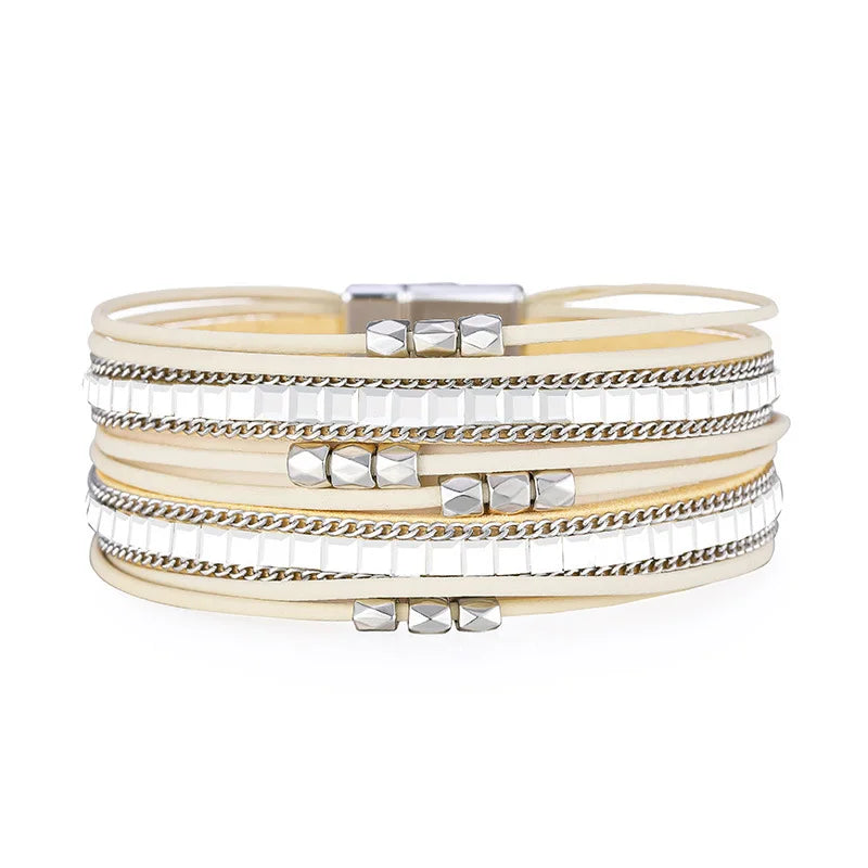 DHJ00301 Wholesale Magnetic Buckle Bracelet Magnetic Crystal Beads Multilayer Leather Bracelet