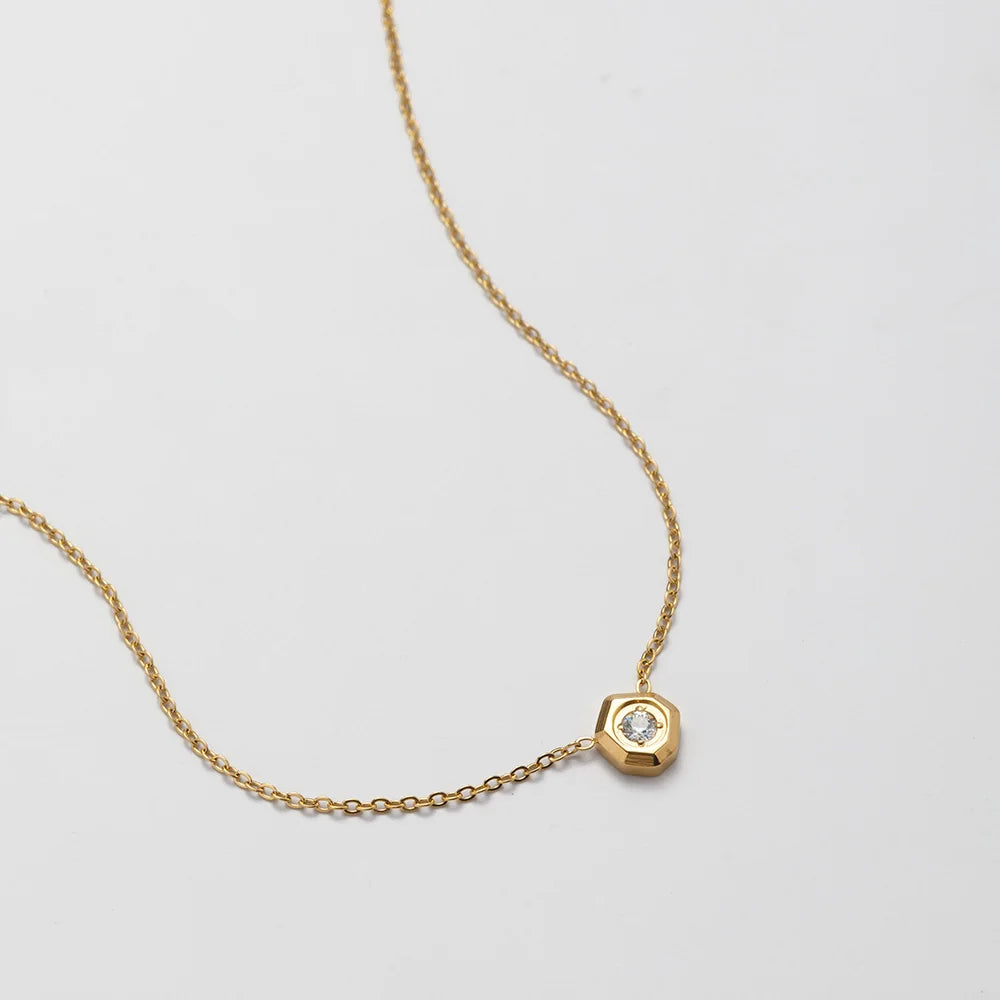 Waterproof Jewelry 18K Gold Plated Tarnish Free Geometric Zirconia Pendant Dainty Chain Stainless Steel Necklace YF2211