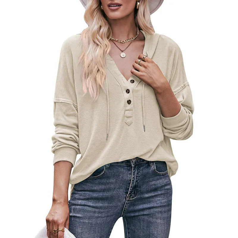 RNSHANGER Autumn New Solid Color Long Sleeve V-Neck Hoodie Casual Loose Female Pullover Hooded Sweatshirts Ladies Hoodies
