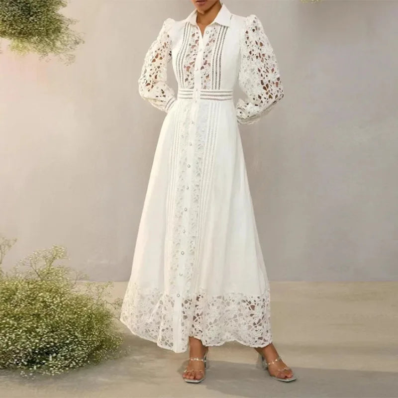 French High-End Long Dresses 2024 Summer Women's Clothing New Lapel Embroidery Hollow Waist Dress Female