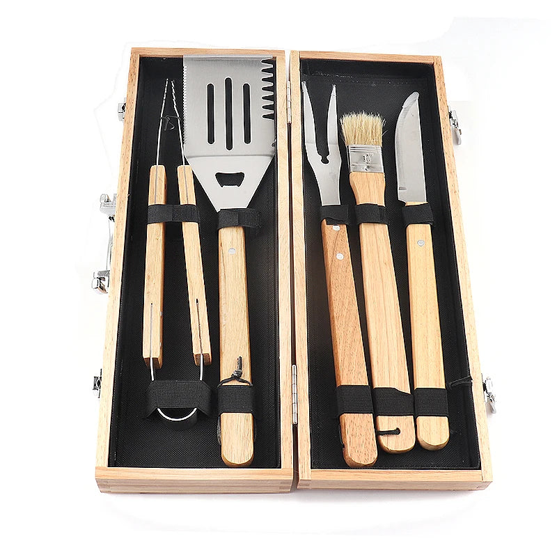 Eco-friendly Food Grade Stainless Steel Grill Accessory BBQ Tools Set Price With Wooden Box Packaging MegaBDM