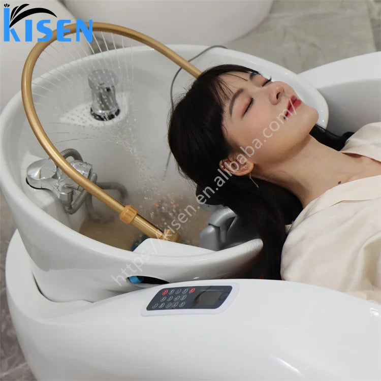 Kisen Popular Beauty Salon Head Spa Portable Electric Massage Shampoo Bed Hair Washing Massage Bed With Steamer in Cheap Price