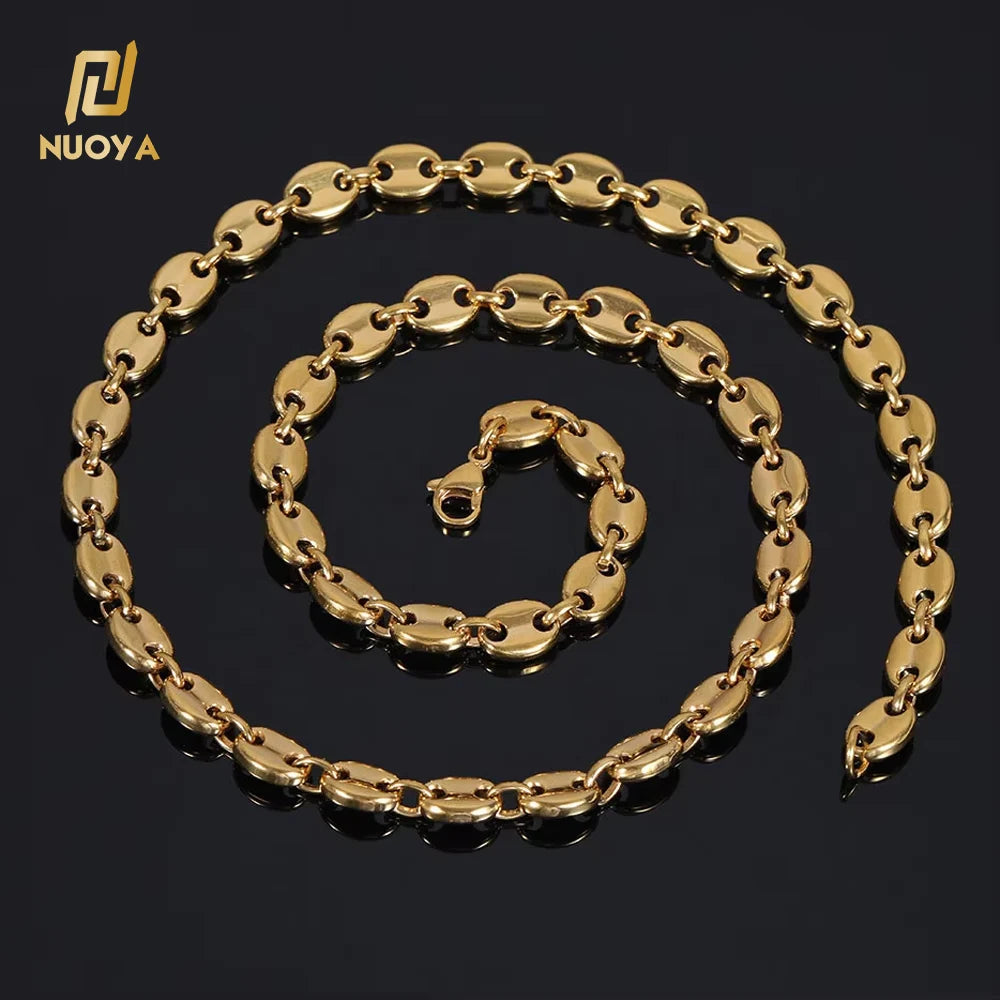 Nuoya Fashion Hip Hop Jewelry Gold Plated Men Stainless Steel Coffee Bean Link Chain Necklace