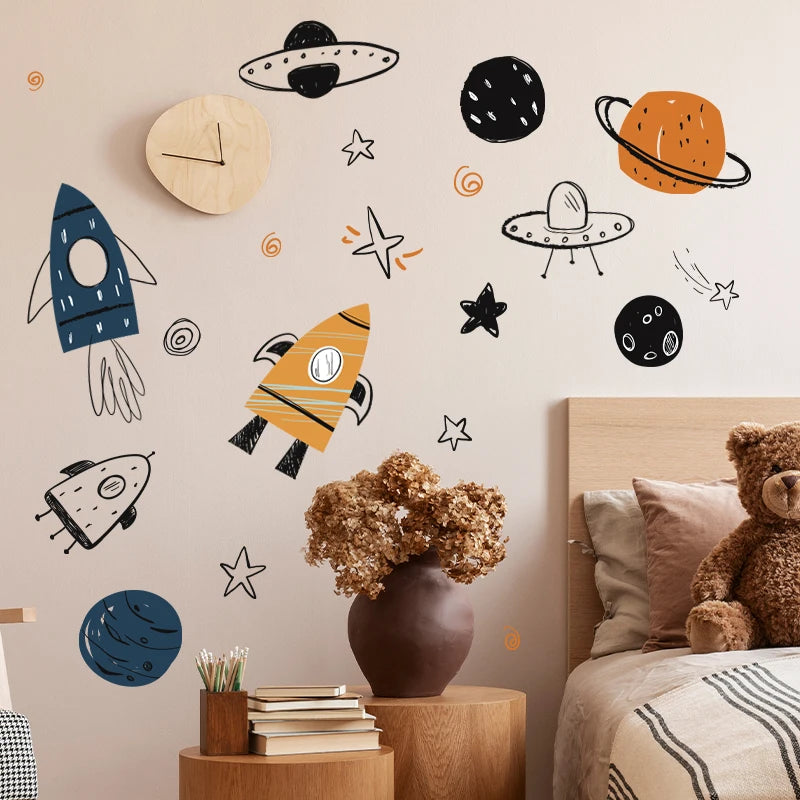 Hand-painted Watercolor Rocket Planet Wall Stickers Children's Bedroom Decorative Wallpaper Self-adhesive Stickers