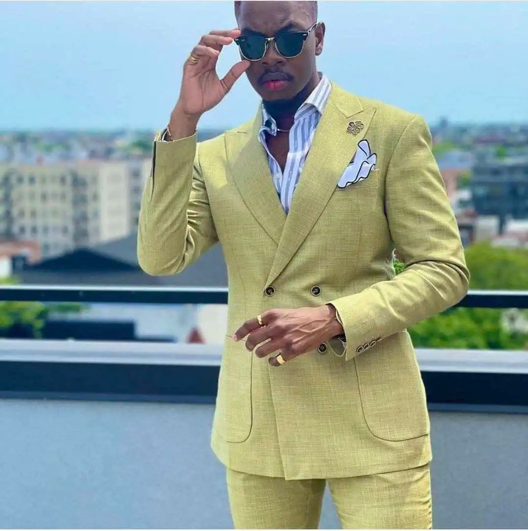 Hot Sale Linen Tuxedo Suits for Men Double Breasted Tailored Made Wedding Suits Set Prom Party Blazer (Jacket+Pants)