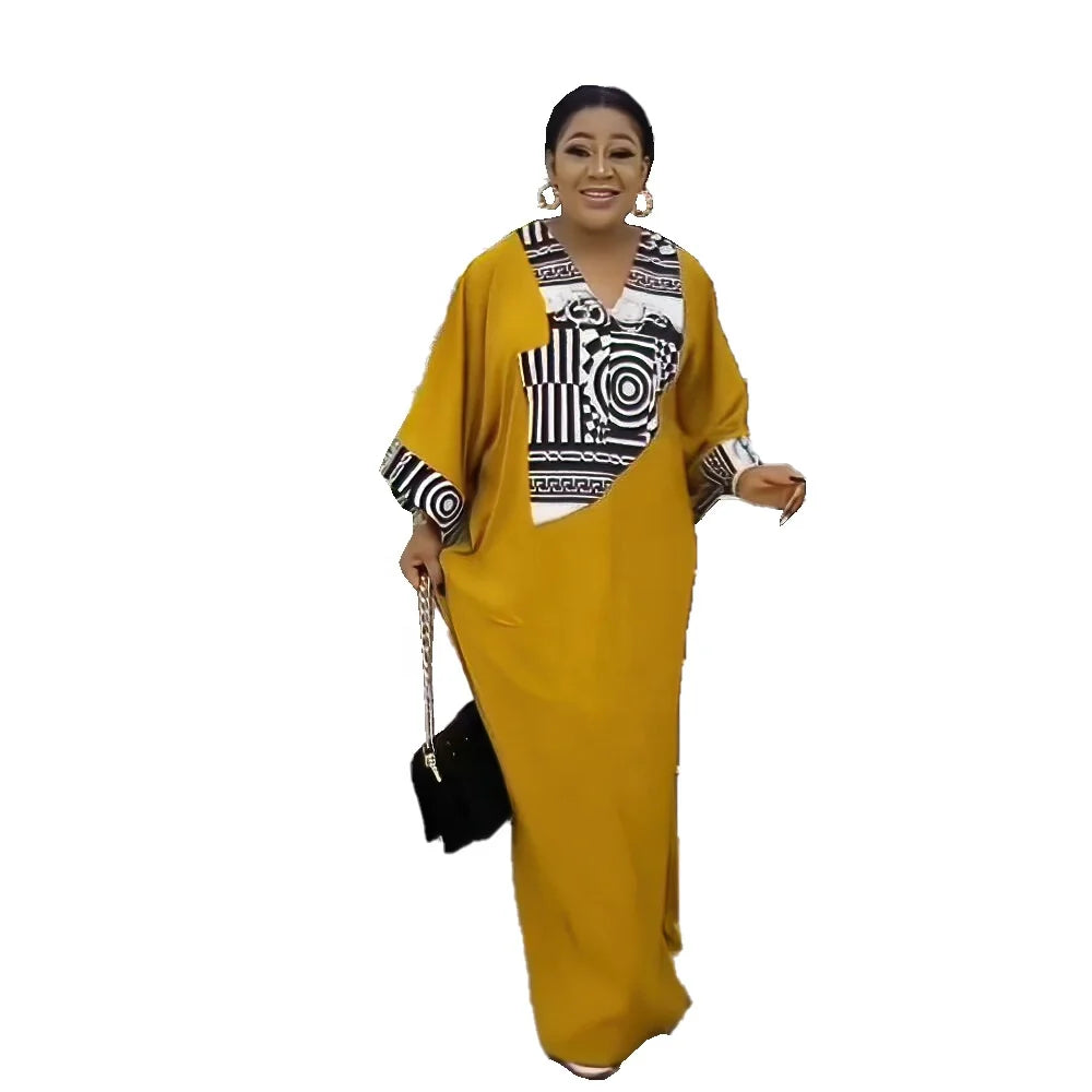 Hot Sale Chartlet African Maxi Dress V-Neck Orange Ankara for Women Plus Size Polyester Summer Season Long Dress
