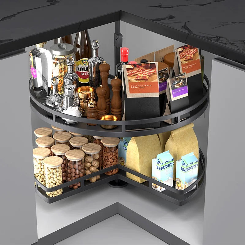 Modern Design Revolving Magic Corner Kitchen Cabinet Lazy Susan Organizer with Multi-Function In-Cabinet Storage