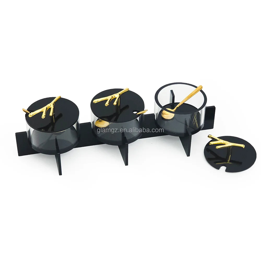 Black Square Metal Spoon Clear Jewish Gift Judaica Acrylic Lucite Dip Bowl Set