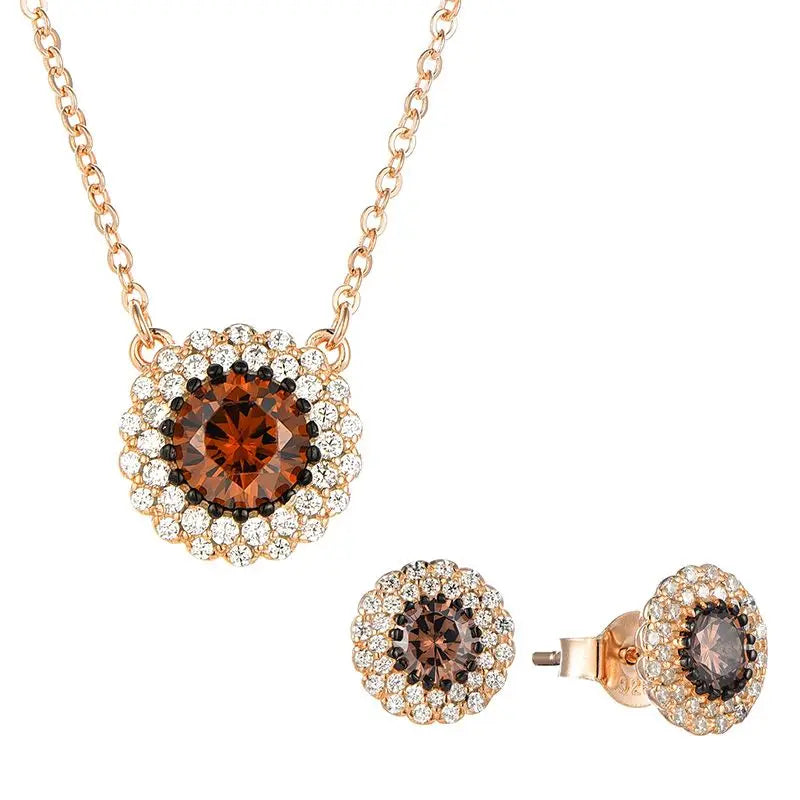 Jewelry Rose Gold Jewelry Set Coffee Zircon With 925 Silver Plated Round Flower Pendant for Women Necklace Pendant