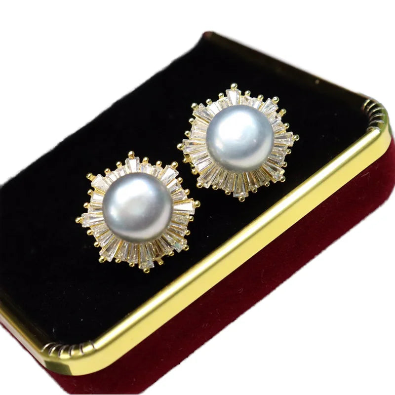 Wholesale Fresh Water Natural Pearl Earrings Sunflower Zircon Gold Plated Pearl Studs for Women