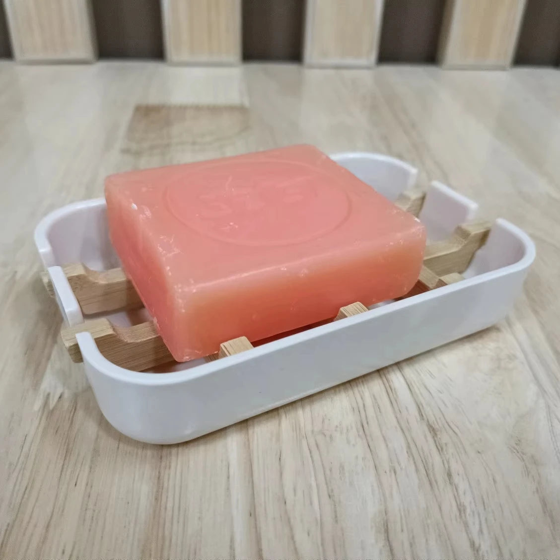 Nature Rectangle Bamboo Fiber Kitchen Soap Holder Dish Case with Bamboo Drain Tray for Bathroom