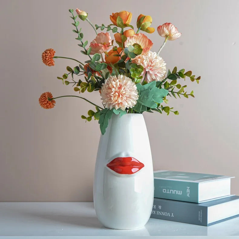 Modern Nordic Style Ceramic Vase White Red Mouth for Home Tabletop Decoration Flower Vase