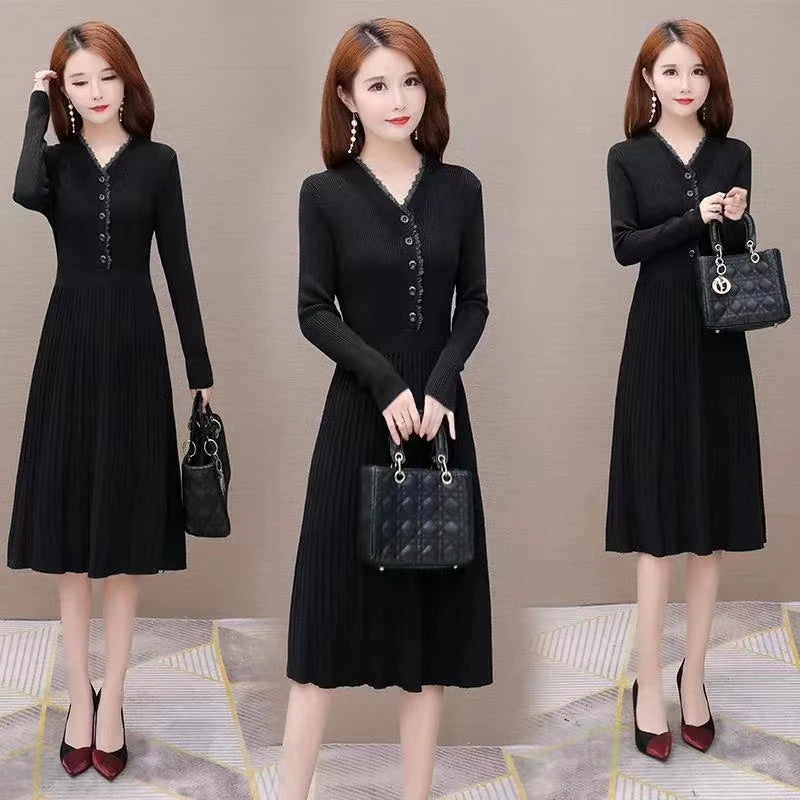 Huachao Factory Sweet Skirt Sweater Winter Women Simple Custom Lace Placket Knit Over Kness Women Sweater for Dress