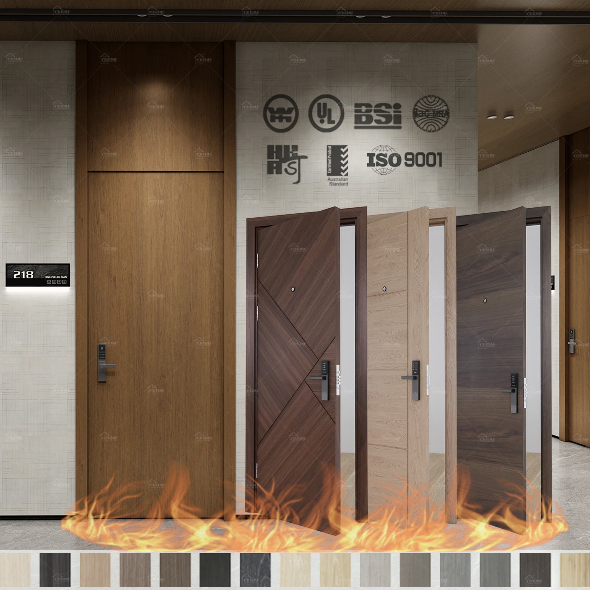 China Fire Door Manufacturing Custom Wooden Hotel Fire Door With Fireproof Hardware BS/EN Certified Hotel Fire Resistant Door
