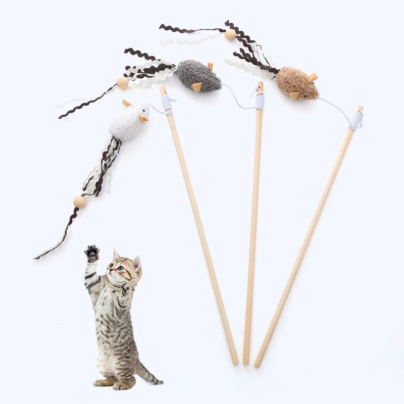 Pet Cat Mouse Toys Tease Cat Wood Stick Interactive Therapy Cat Mouse Toy