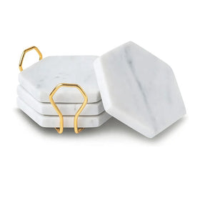 Set of 4 Natural White Black and Green Marble Coasters Hexagon with Golden Holder for Drinks Absorbent
