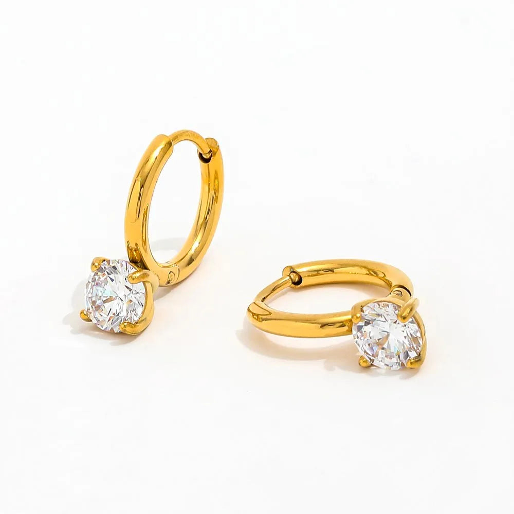 High End 18K Gold Plated PVD Single Round Zircon Huggie Earring Trendy Stainless Steel Fashion Jewelry-Wholesale