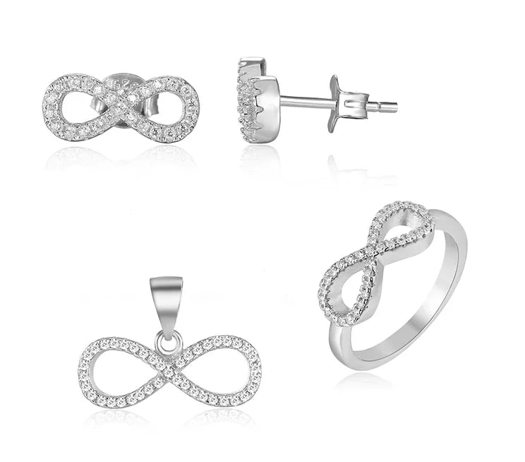 Simple Design 925 Sterling Silver Cubic Zirconia Infinity Symbol Number 8 Jewellery Set for Wedding Gift Engagement