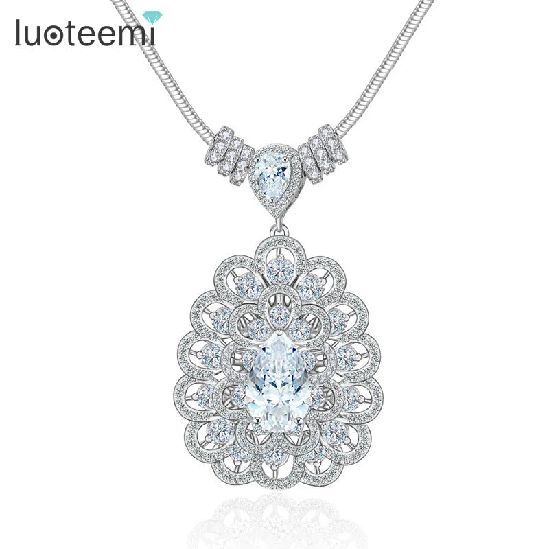 LUOTEEMI Jewelry Quality Rhodium White Gold Luxury Pure Sparkling Clear Cubic Zircon Paved Big Pendant Necklace Female