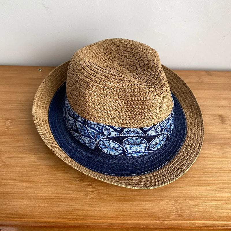 Women Sun Hat Female Linen Panama Hat Striped Patchwork Beach Straw Jazz Hat