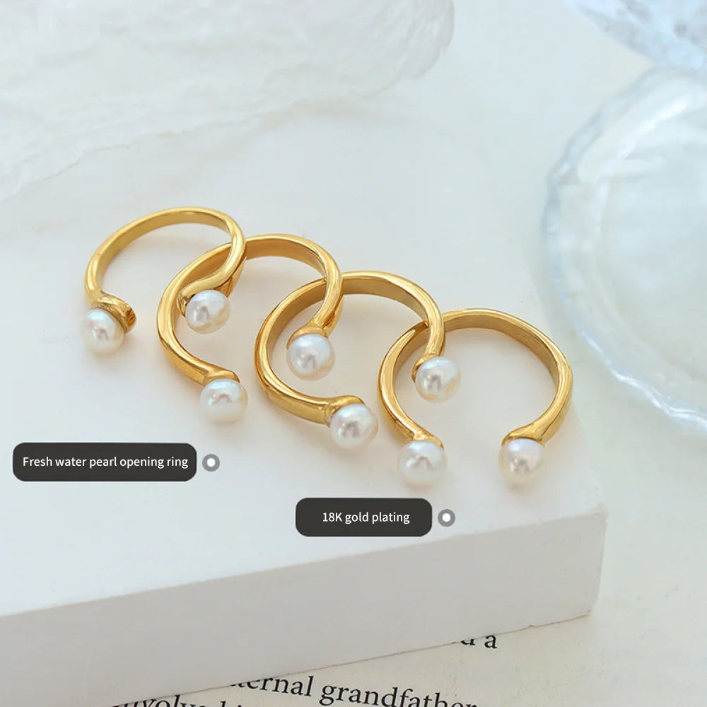 New Trendy Wholesale Price Stainless Steel Gold Plated Open Fresh Water Baroque Pearl Rings Jewelry Women