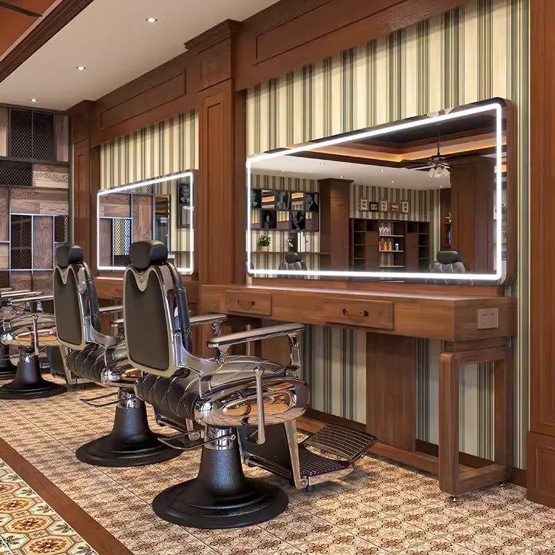 Retro Hair Salon Mirror Salon Special Cutting Mirror Solid Wood Men's Oil Salon Barber Barber Shop Mirror