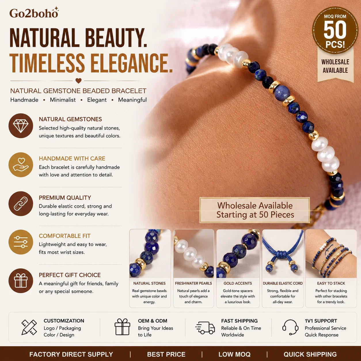 Go2boho Handmade Blue Stone Pearl Bracelet Adjustable Elegant Gold Beaded Jewelry for Women  Pearls Gift